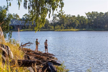 Two young men are standing on a rocky shore with fishing lines cast into a blue river. An arched metal rail bridge and rows of green trees sit in the background.
