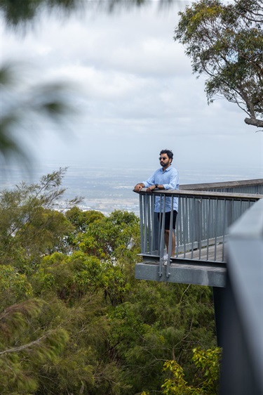 A man leans against the railing of an elevated boardwalk, looking over the tops of trees withe Rockhampton visible in the distance
