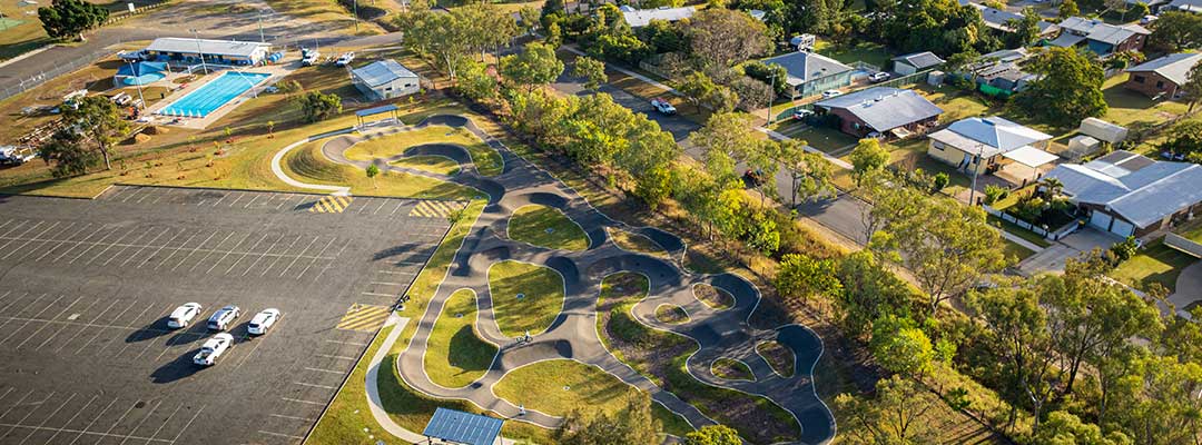 A drone shot of the Gracemere Pump Track and Gracemere Swimming Pool at Cedric Archer Park